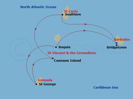 Evrima - 5 Night - Bridgetown / Bridgetown - Evrima - Starting in Bridgetown, Bequia, St Georges, Canouan, Soufriere, Bridgetown itinerary map