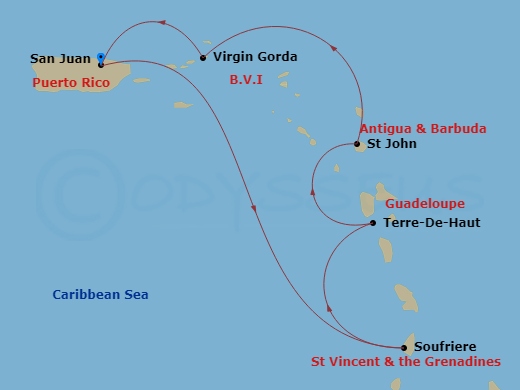 Evrima - 6 Night - San Juan / San Juan - Evrima - Starting in San Juan, Soufriere, Terre-De-Haut (Marina Day), St Johns AG, Virgin Gorda, San Juan itinerary map