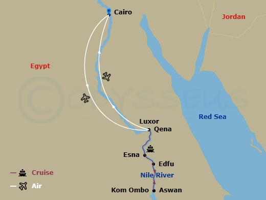 Viking Aton Cruise Tours - 11 Night - Pharaohs & Pyramids - Viking Aton Cruise Tours - Starting in Cairo, Luxor, Qena, Luxor, Esna, Aswan, Kom Ombo, Edfu, Luxor, Cairo itinerary map