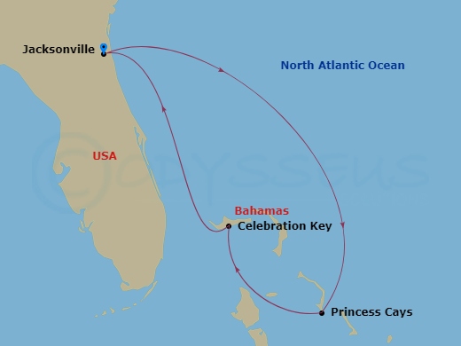 Carnival Elation - 5 Night - Bahamas - Carnival Elation - Starting in Jacksonville, FL, Princess Cays, the Bahamas, Celebration Key, the Bahamas, Jacksonville, FL itinerary map