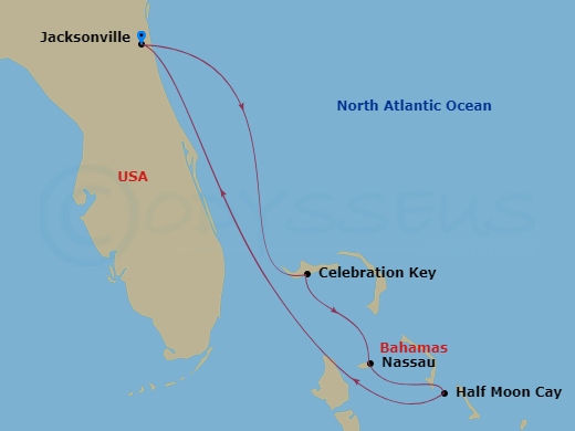 Carnival Elation - 6 Night - Bahamas - Carnival Elation - Starting in Jacksonville, FL, Celebration Key, the Bahamas, Nassau, Bahamas, Relaxaway, Half Moon Cay, Jacksonville, FL itinerary map