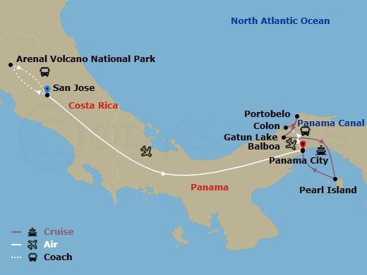 8 Night - Inland Costa Rica, the Panama Canal and Pearl Islands - National Geographic Quest Tours - Starting in San Jose, Costa Rica / Arenal Volcano Area, Arenal Volcano Area, San Jose / Panama City, Panama / Colon / Embark Ship, Portobelo / Panama Canal Transit, Gatun Lake / Panama Canal Transit, Pearl Islands, Balboa / Disembark Ship / Panama City, Panama itinerary map