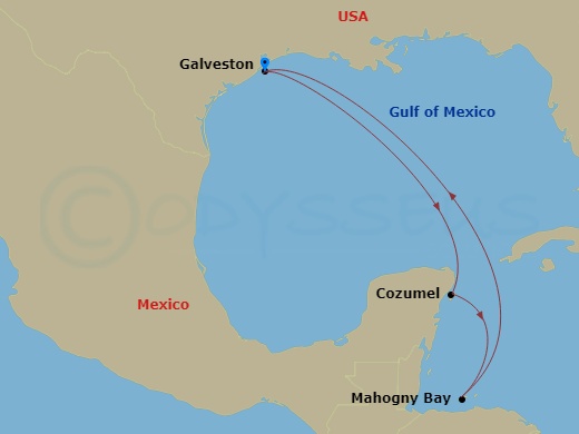 Regal Princess - 6 Night - Western Caribbean with Mexico - Regal Princess - Starting in Galveston, Texas, Cozumel, Mexico, Roatan (Mahogany Bay, Honduras), Galveston, Texas itinerary map