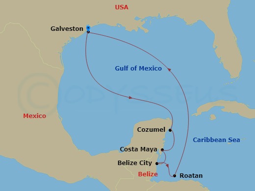 Regal Princess - 8 Night - Western Caribbean with Mexico - Regal Princess - Starting in Galveston, Texas, Cozumel, Mexico, Costa Maya (Mahahual), Mexico, Belize City, Belize,.. itinerary map