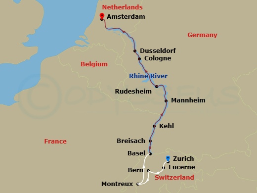 Scenic Jewel - 11 Night - Rhine Christmas Markets with Switzerland - Scenic Jewel - Starting in Zurich, Zurich / Lucerne / Bern, Bern / Montreux, Montreux, Montreux / Basel,.. itinerary map