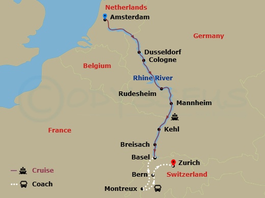 Scenic Jasper - 11 Night - Rhine Christmas Markets with Switzerland - Scenic Jasper - Starting in Amsterdam, Dusseldorf, Cologne, Rudesheim, Mannheim, Kehl, Breisach, Basel /.. itinerary map