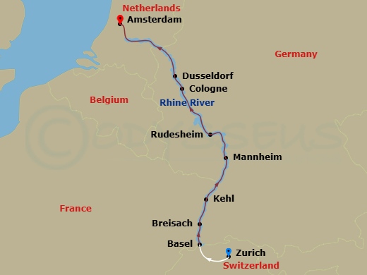 Scenic Jade - 7 Night - Rhine Christmas Markets - Scenic Jade - Starting in Zurich / Basel, Breisach, Kehl, Mannheim, Rudesheim, Rudesheim / Cologne, Dusseldorf, Amsterdam itinerary map