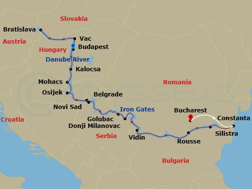 Scenic Crystal - 15 Night - Lower Danube Discovery - Scenic Crystal - Starting in Budapest, Bratislava, Bratislava / Vac, Budapest, Kalocsa / Mohacs, Mohacs / Osijek, Osijek,.. itinerary map