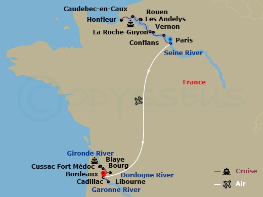 20 Night - Normandy & Gems of the Seine & Beautiful Bordeaux - Scenic Gem - Starting in Paris, Les Andelys, Rouen, Rouen / Honfleur, Honfleur, Honfleur / Caudebec-en-Caux, Vernon / La Roche-Guyon, Conflans / Paris, Paris, Paris / Bordeaux, Bordeaux / Libourne, Libourne / Fort Medoc, Fort Medoc, Fort Medoc / Cadillac, Cadillac / Bordeaux, Bordeaux, Bordeaux / Bourg, Bourg, Bourg / Blaye / Bordeaux, Bordeaux itinerary map