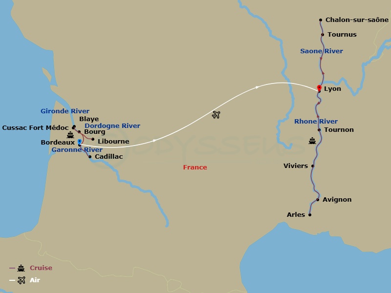 Scenic Diamond - 20 Night - Iconic France - Scenic Diamond - Starting in Bordeaux, Bordeaux / Libourne, Libourne / Fort Medoc, Fort Medoc, Fort Medoc / Cadillac, Cadillac / Bo.. itinerary map