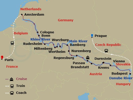 Scenic Jewel - 20 Night - Jewels of Europe with Prague & Paris - Scenic Jewel - Starting in Prague, Prague / Budapest, Budapest, Vienna, Krems / Durnstein, Brandstatt / Pass.. itinerary map