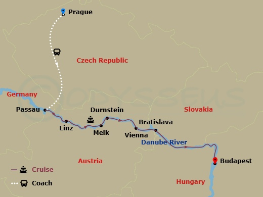 10 Night - Gems of the Danube with Prague - Scenic Jasper - Starting in Prague, Prague / Passau, Passau, Linz, Melk / Durnstein, Vienna, Bratislava, Budapest itinerary map