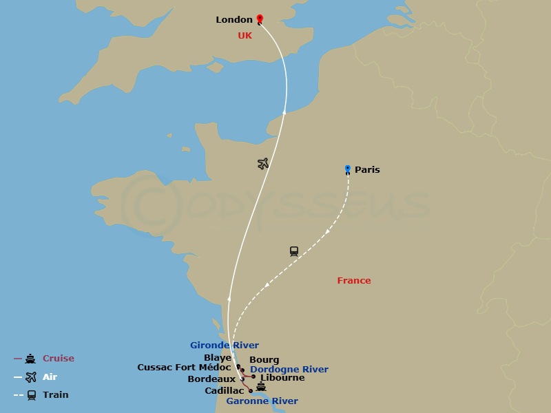 15 Night - Beautiful Bordeaux with Paris & London - Scenic Diamond - Starting in Paris, Paris / Bordeaux, Bordeaux / Libourne, Libourne / Fort Medoc, Fort Medoc, Fort Medoc / Cadillac, Cadillac / Bordeaux, Bordeaux, Bordeaux / Bourg, Bourg, Bourg / Blaye / Bordeaux, Bordeaux / London, London itinerary map