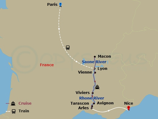 Scenic Sapphire - 9 Night - Idyllic Rhone with Highlights of Paris - Scenic Sapphire - Starting in Paris, Paris / Lyon, Lyon, Macon, Vienne, Viviers / Avignon, Avignon, Arles,.. itinerary map