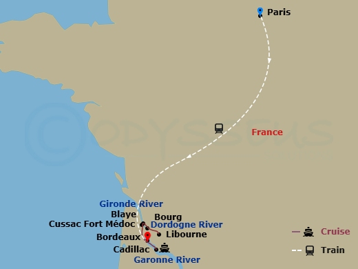 Scenic Diamond - 9 Night - Bordeaux Affair with Highlights of Paris - Scenic Diamond - Starting in Paris, Paris / Bordeaux, Bordeaux / Libourne, Libourne / Blaye, Blaye / Fort.. itinerary map