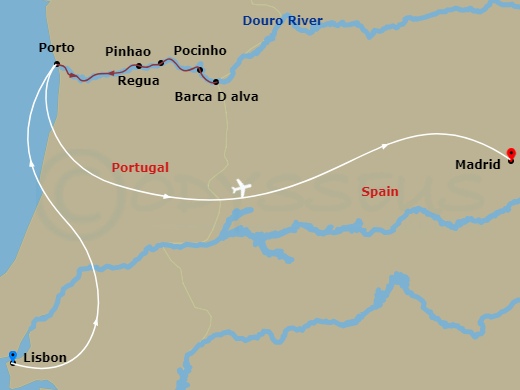 Scenic Azure - 13 Night - Delightful Douro with Lisbon & Madrid - Scenic Azure - Starting in Lisbon, Lisbon / Porto, Porto / Pinhao, Pinhao / Barca DAlva, Barca dAlva / Poci.. itinerary map