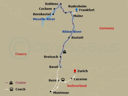 Scenic Ruby - 11 Night - Charming Castles & Vineyards of the Rhine & Moselle with Switzerland - Scenic Ruby - Starting in Frankfurt / Mainz, Koblenz, Bernkastel, Cochem, Ru.. itinerary map