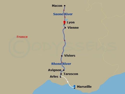 Scenic Sapphire - 7 Night - Idyllic Rhone - Scenic Sapphire - Starting in Marseille / Tarascon, Arles / Avignon, Avignon, Viviers, Vienne, Macon, Lyon itinerary map