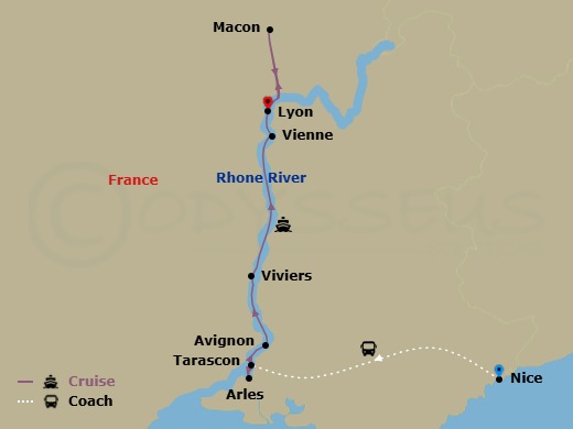 7 Night - Idyllic Rhone - Scenic Sapphire - Starting in Nice / Tarascon, Arles / Avignon, Avignon, Viviers, Vienne, Macon, Lyon itinerary map