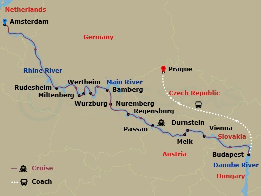 Scenic Jade - 17 Night - Christmas & New Year with Prague - Scenic Jade - Starting in Amsterdam, Cruising Day, Rudesheim, Miltenberg / Wertheim, Wurzburg, Bamberg, Nurember.. itinerary map