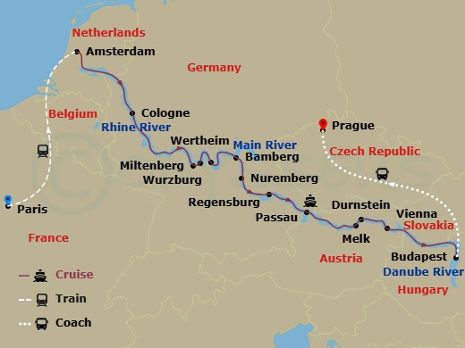 Scenic Jade - 20 Night - Christmas & New Year with Paris & Prague - Scenic Jade - Starting in Paris, Paris / Amsterdam, Amsterdam, Cruising Day, Rudesheim, Miltenberg / Wer.. itinerary map