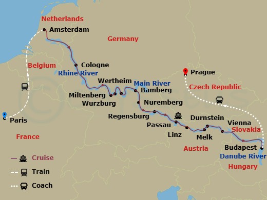 Scenic Jasper - 20 Night - Christmas & New Year with Paris & Prague - Scenic Jasper - Starting in Paris, Paris / Amsterdam, Amsterdam, Cologne, Cruising Day, Miltenberg / Wer.. itinerary map