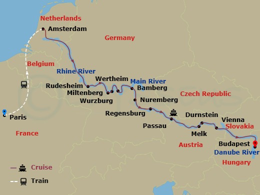 Scenic Jade - 17 Night - Christmas Wonderland with Paris - Scenic Jade - Starting in Paris, Paris / Amsterdam, Amsterdam, Cruising Day, Rudesheim, Miltenberg / Wertheim, Wu.. itinerary map