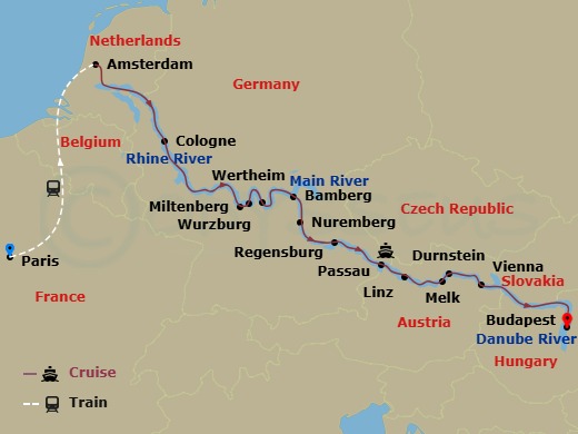 Scenic Jasper - 17 Night - Christmas Wonderland with Paris - Scenic Jasper - Starting in Paris, Paris / Amsterdam, Amsterdam, Cologne, Cruising Day, Miltenberg / Wertheim, Wu.. itinerary map