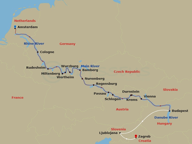 Scenic Jade - 17 Night - Jewels of Europe with Prague - Scenic Jade - Starting in Amsterdam, Cologne / Bonn, Rhine Gorge / Rudesheim, Miltenberg / Wertheim, Wurzburg, Bambe.. itinerary map