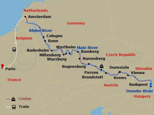 Scenic Jade - 17 Night - Jewels of Europe with Paris - Scenic Jade - Starting in Budapest, Vienna, Krems / Durnstein, Brandstatt / Passau, Regensburg, Nuremberg, Bamberg, W.. itinerary map