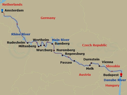 Scenic Jade - 14 Night - Christmas & New Year - Scenic Jade - Starting in Amsterdam, Cruising Day, Rudesheim, Miltenberg / Wertheim, Wurzburg, Bamberg, Nuremberg, Regensbur.. itinerary map