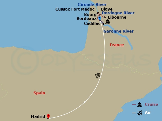 Scenic Diamond - 10 Night - Bordeaux Affair with Madrid - Scenic Diamond - Starting in Bordeaux, Bordeaux / Libourne, Libourne / Blaye, Blaye / Fort Medoc, Fort Medoc / Bourg.. itinerary map