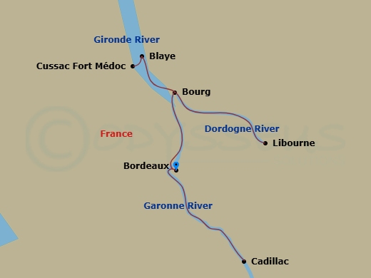 Scenic Diamond - 7 Night - Bordeaux Affair - Scenic Diamond - Starting in Bordeaux, Bordeaux / Libourne, Libourne / Blaye, Blaye / Fort Medoc, Fort Medoc / Bourg / Bordeaux, B.. itinerary map