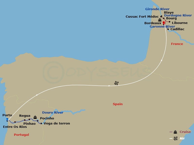 Scenic Azure - 20 Night - Unforgettable Douro & Beautiful Bordeaux - Scenic Azure - Starting in Porto, Porto / Entre-os-Rios, Entre-os-Rios / Regua, Regua, Regua / Vega de T.. itinerary map