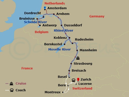 Scenic Ruby - 18 Night - Romantic Rhine & Moselle with Switzerland - Scenic Ruby - Starting in Amsterdam, Dordrecht, Bruinisse, Antwerp, Arnhem, Dusseldorf, Rudesheim, Kobl.. itinerary map