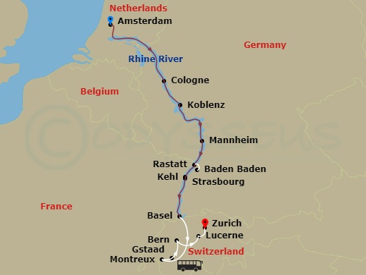 Scenic Pearl - 11 Night - Rhine Highlights with Switzerland - Scenic Pearl - Starting in Amsterdam, Cologne, Koblenz, Mannheim, Rastatt, Kehl, Basel / Montreux, Montreux, Mo.. itinerary map