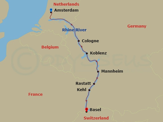 Scenic Jasper - 7 Night - Rhine Highlights - Scenic Jasper - Starting in Amsterdam, Cologne, Koblenz, Mannheim, Rastatt, Kehl, Basel itinerary map