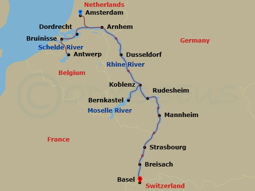Scenic Ruby - 14 Night - Romantic Rhine & Moselle - Scenic Ruby - Starting in Amsterdam, Dordrecht, Bruinisse, Antwerp, Arnhem, Dusseldorf, Rudesheim, Koblenz, Bernkastel,.. itinerary map