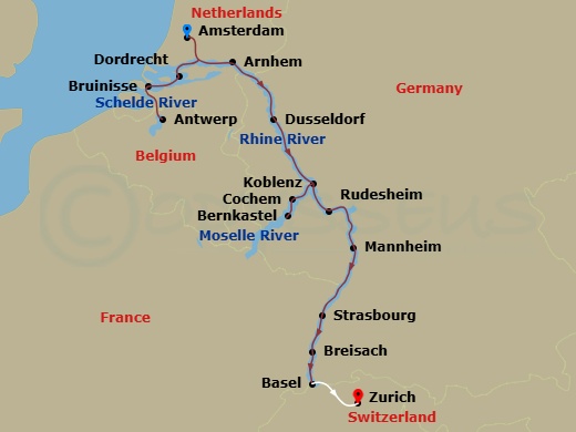 Scenic Jasper - 14 Night - Romantic Rhine and Moselle Scenic Club Departure - Scenic Jasper - Starting in Amsterdam, Dordrecht, Bruinisse, Antwerp, Arnhem, Dusseldorf, Cruisi.. itinerary map