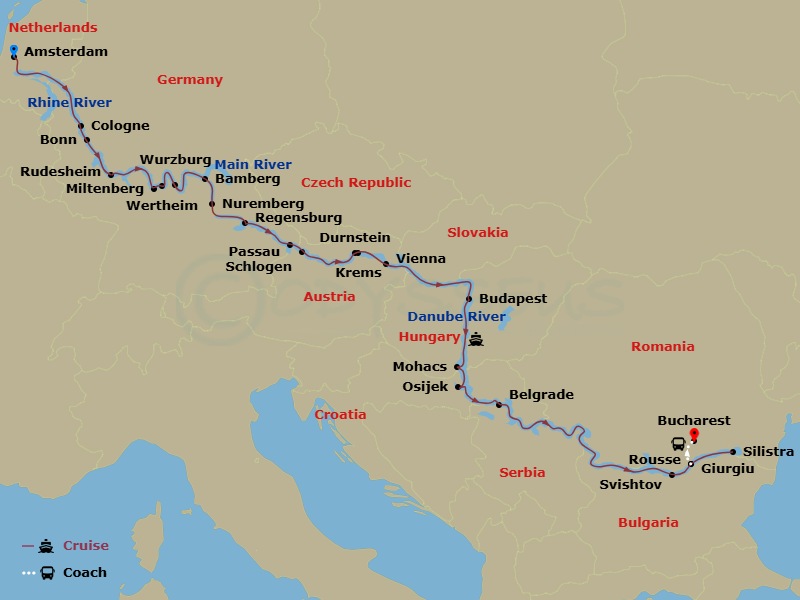 Scenic Jade - 22 Night - Iconic Europe, from Amsterdam to Bucharest - Scenic Jade - Starting in Amsterdam, Cologne / Bonn, Rhine Gorge / Rudesheim, Miltenberg / Wertheim, W.. itinerary map