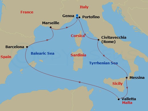 MSC World Europa - 7 Night - Mediterranean - MSC World Europa - Starting in Genoa (Portofino), Italy, Civitavecchia (Rome), Italy, Messina (Taormina), Italy, La Valletta, Malta,.. itinerary map