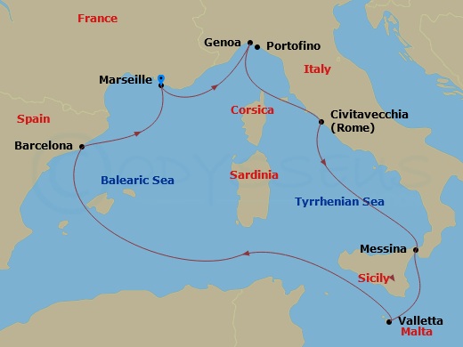 MSC World Europa - 7 Night - Mediterranean - MSC World Europa - Starting in Marseille (Provence), France, Genoa (Portofino), Italy, Civitavecchia (Rome), Italy, Messina (Taormin.. itinerary map