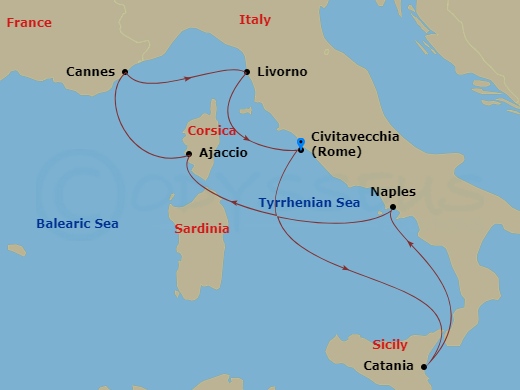 Scarlet Lady - 9 Night - Sicily, Naples, Cannes & More - Scarlet Lady - Starting in Civitavecchia (Rome), Italy, Catania, Sicily, Italy, Naples, Italy, Ajaccio, Corsica, Fra.. itinerary map