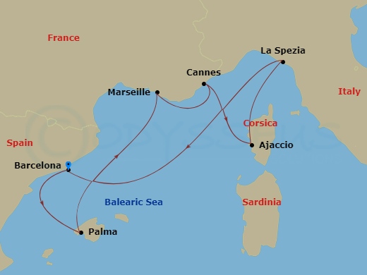 Scarlet Lady - 8 Night - Spanish, French & Italian Classics - Scarlet Lady - Starting in Barcelona, Spain, Palma De Mallorca, Spain, Marseille (Provence), France, Cannes, Fr.. itinerary map
