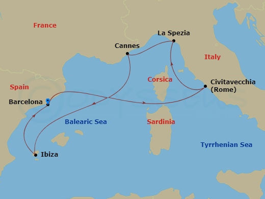 Valiant Lady - 7 Night - Italian Vistas to Spanish Sunsets - Valiant Lady - Starting in Barcelona, Spain, Civitavecchia (Rome), Italy, La Spezia, Italy, Cannes, France, Ibiz.. itinerary map