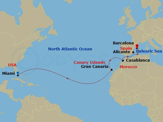 Scarlet Lady - 14 Night - Transatlantic to Spain & Morocco - Scarlet Lady - Starting in Miami, Florida, Las Palmas De Gran Canaria, Spain, Casablanca, Morocco, Alicante, Spa.. itinerary map