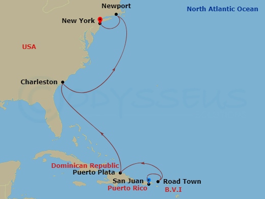 Valiant Lady - 9 Night - Tortola, Charleston, Newport & More - Valiant Lady - Starting in San Juan, Puerto Rico, Road Town, Tortola, British Virgin Islands, Puerto Plata, Do.. itinerary map