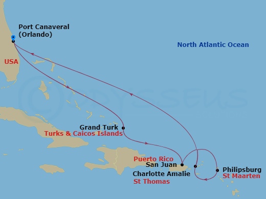 Carnival Vista - 8 Night - Eastern Caribbean - Carnival Vista - Starting in Port Canaveral (Orlando), Fl, Grand Turk, San Juan, Puerto Rico, St Maarten, St Thomas, US Virgin I.. itinerary map