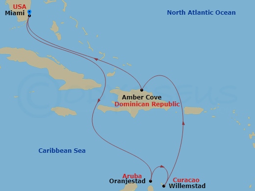 Carnival Horizon - 8 Night - Southern Caribbean - Carnival Horizon - Starting in Miami, Fl, Aruba, Curacao, Amber Cove, Dominican Republic, Miami, Fl itinerary map