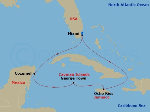 Carnival Horizon - 6 Night - Western Caribbean - Carnival Horizon - Starting in Miami, Fl, Ocho Rios, Jamaica, Grand Cayman, Cayman Islands, Cozumel, Mexico, Miami, Fl itinerary map